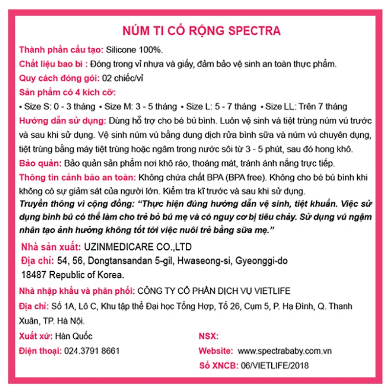 Bộ 2 núm ti Spectra cổ rộng size LL (từ 7 tháng) 19