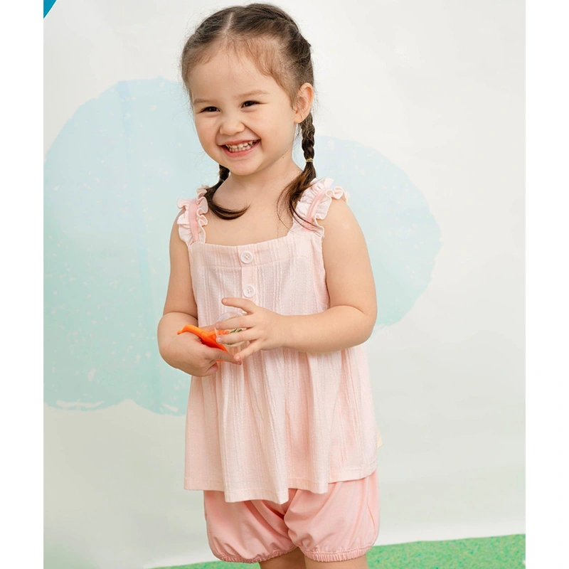 Bộ sát nách bé gái La Pomme viền bèo hè xinh mát dịu màu hồng 2