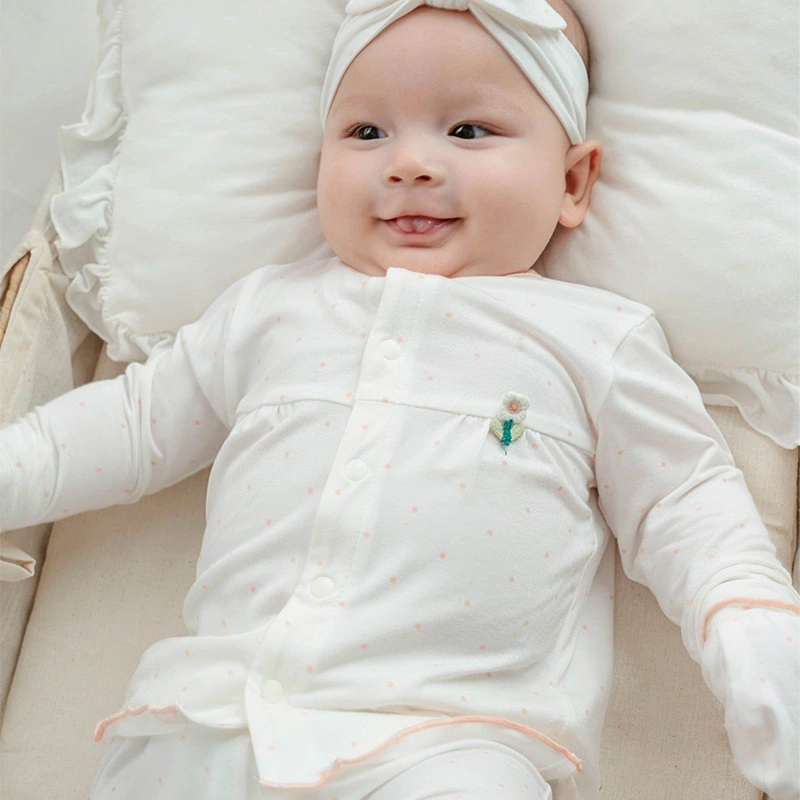 Bộ tay dài cài giữa La Pomme chấm bi hoa điệu đà màu trắng 2