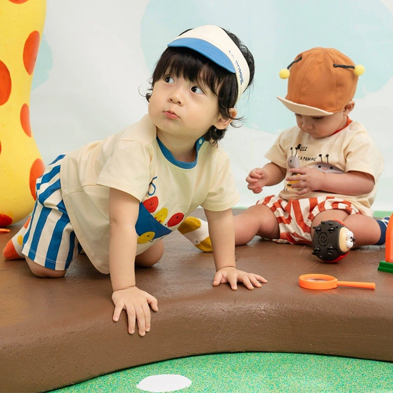 Bộ tay ngắn bé trai La Pomme đoàn nhà đậu vui chơi màu be - xanh dương 3