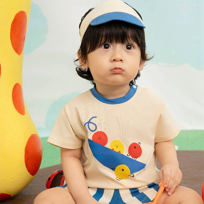 Bộ tay ngắn bé trai La Pomme đoàn nhà đậu vui chơi màu be - xanh dương 4