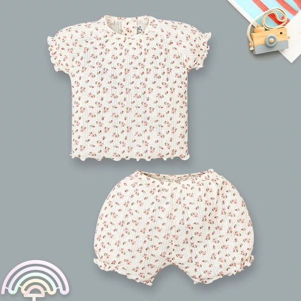 Bộ tay ngắn bé gái La Pomme cotton kem