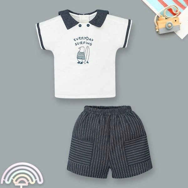 Bộ bé trai La Pomme bamboo trắng - xanh dương