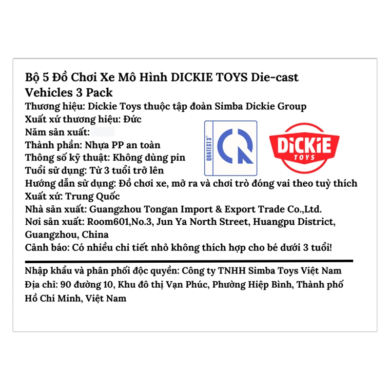 Đồ chơi bộ 5 xe mô hình Dickie Toys Die-Cast Vehicle 4006333093890 - Giao màu ngẫu nhiên 4