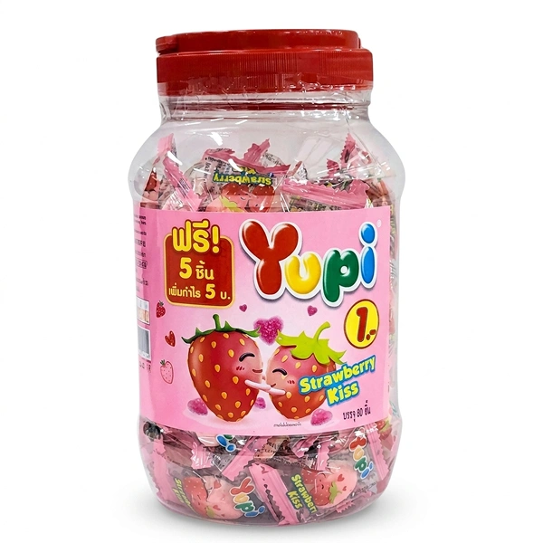 Hũ 80 viên kẹo dẻo Yupi Strawberry Kiss hương dâu