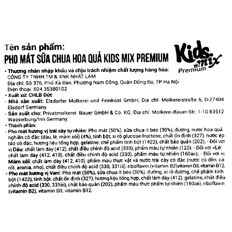 Lốc 6 hộp sữa chua phô mai Kids Mix Premium vị dâu, lê, mâm xôi và vani 50g (từ 6 tháng) 6