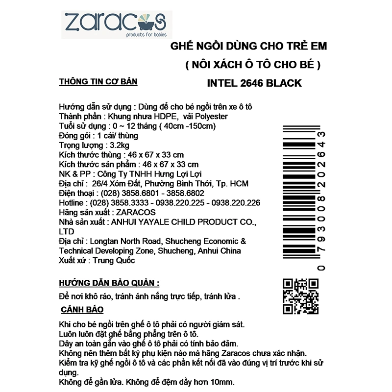 Nôi xách ô tô Zaracos Intel 2646 (0 - 12 tháng) - Màu đen 4