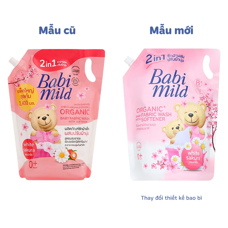 Nước giặt xả quần áo cho bé Babi Mild hương hoa anh đào túi 2.4 lít - Giao bao bì ngẫu nhiên 2