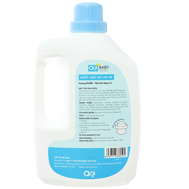 Nước giặt xả quần áo cho bé Agi Xanh hương phấn can 3 lít 2