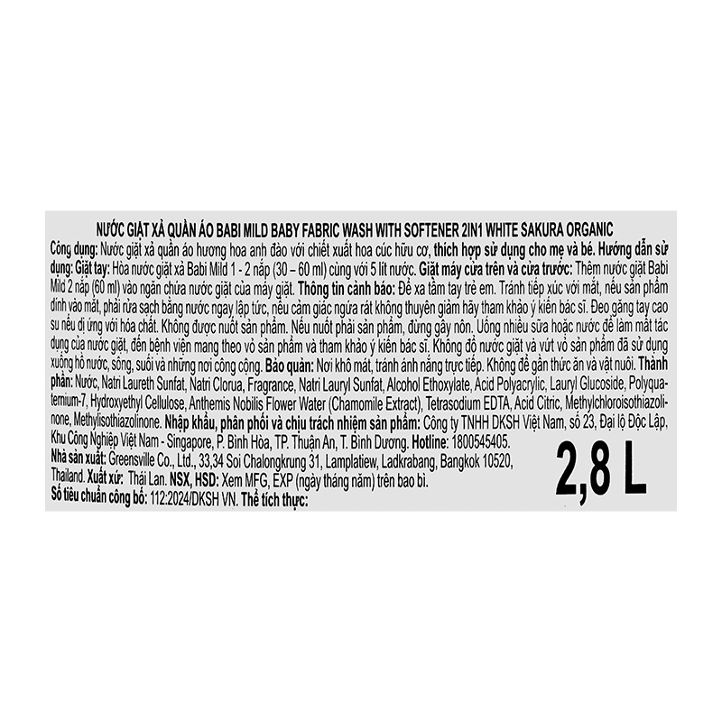 Nước giặt xả quần áo cho bé Babi Mild 2 in 1 hương hoa anh đào can 2.8 lít 5