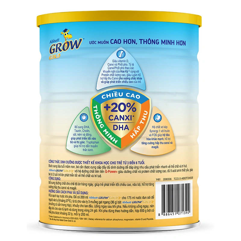 Sữa bột Abbott Grow Gold 3+ hương vani 850g (3 - 6 tuổi) - Giao bao bì ngẫu nhiên 3