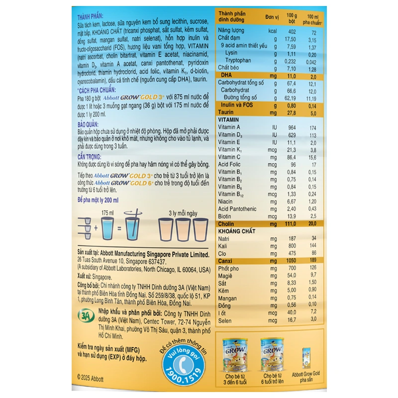 Sữa bột Abbott Grow Gold 3+ hương vani 850g (3 - 6 tuổi) - Giao bao bì ngẫu nhiên 6