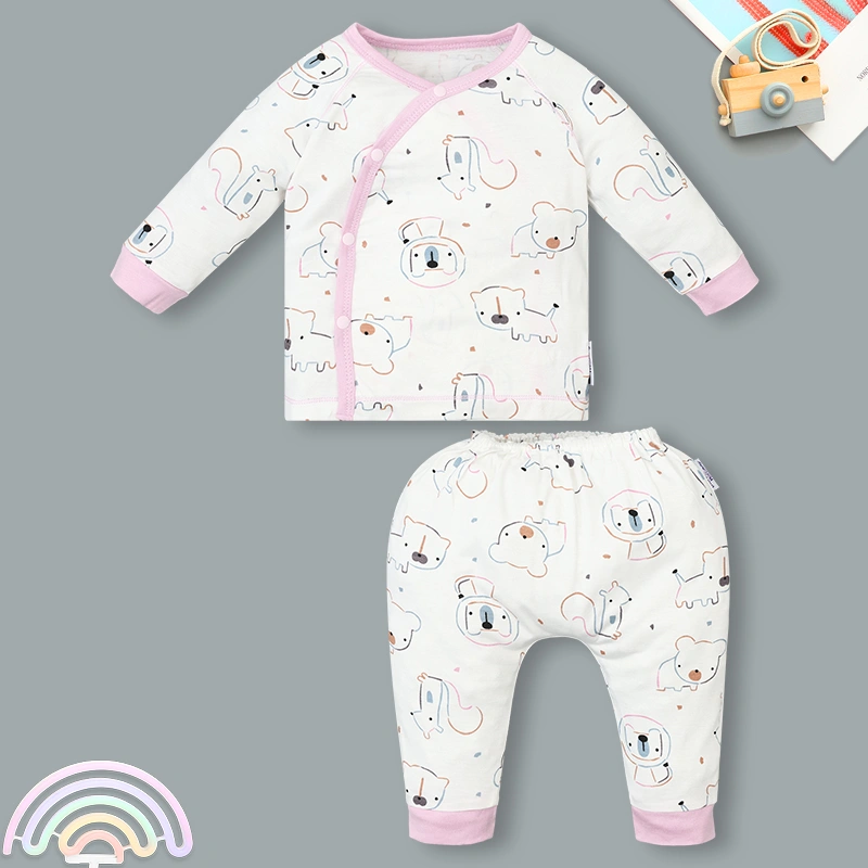 Set bộ tay dài sơ sinh cài chéo in hình thú BabyMommy màu trắng viền hồng 2