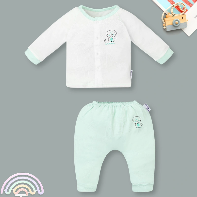 Set bộ tay dài sơ sinh cài giữa in cún BabyMommy màu trắng phối xanh mint 2
