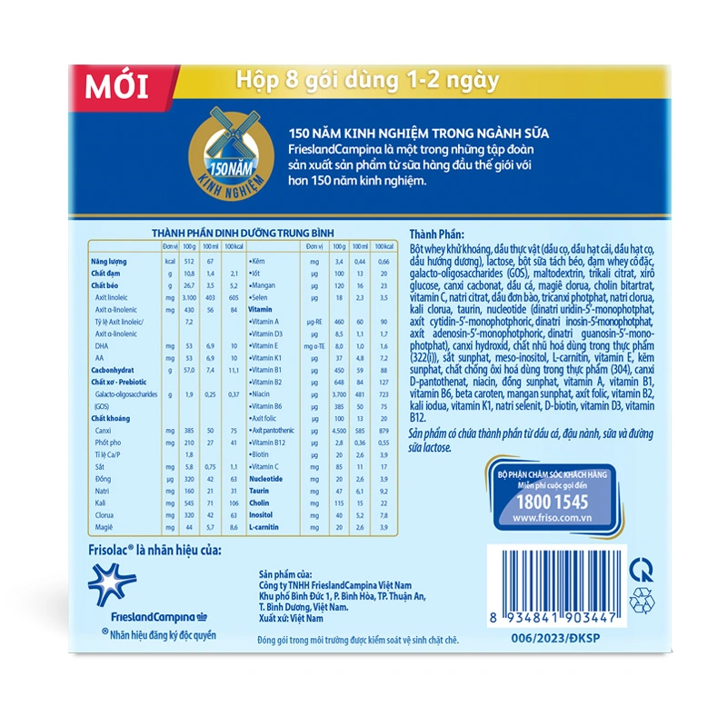 Sữa bột dạng gói Frisolac Gold số 1 hương vani 1248g (0 - 6 tháng) 16