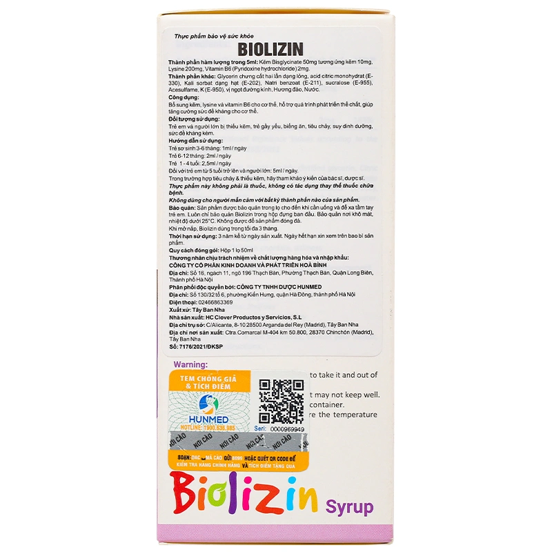 Combo 3 siro Biolizin tăng cường sức đề kháng hương đào, 50 ml dạng uống (từ 3 tháng) 5