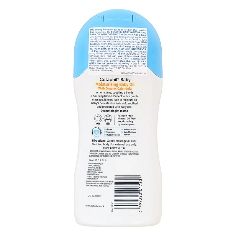Dầu massage dưỡng ẩm cho bé chiết xuất hoa cúc Cetaphil Baby Moisturising Baby Oil 200 ml 2