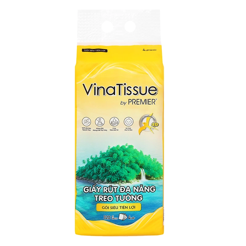 Combo 3 gói 320 tờ khăn giấy rút đa năng PREMIER Vinatissue không mùi 4 lớp 10