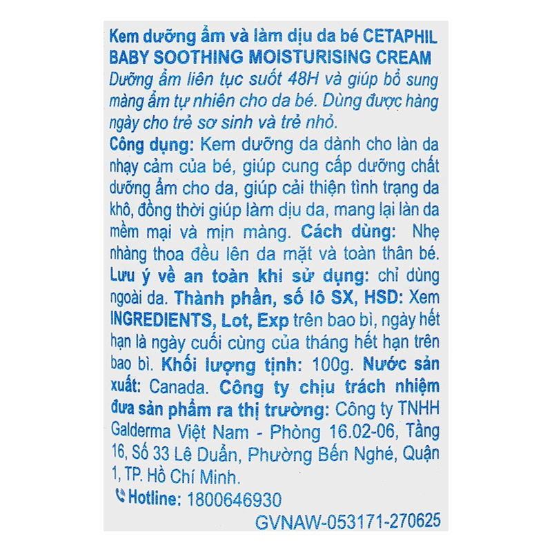 Kem dưỡng ẩm và làm dịu da cho bé Cetaphil Baby Soothing Moisturising Cream 100g 5