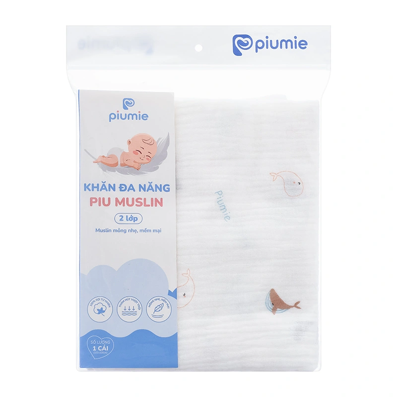 Khăn tắm muslin Piumie 2 lớp 100x100 cm - Cá heo 8