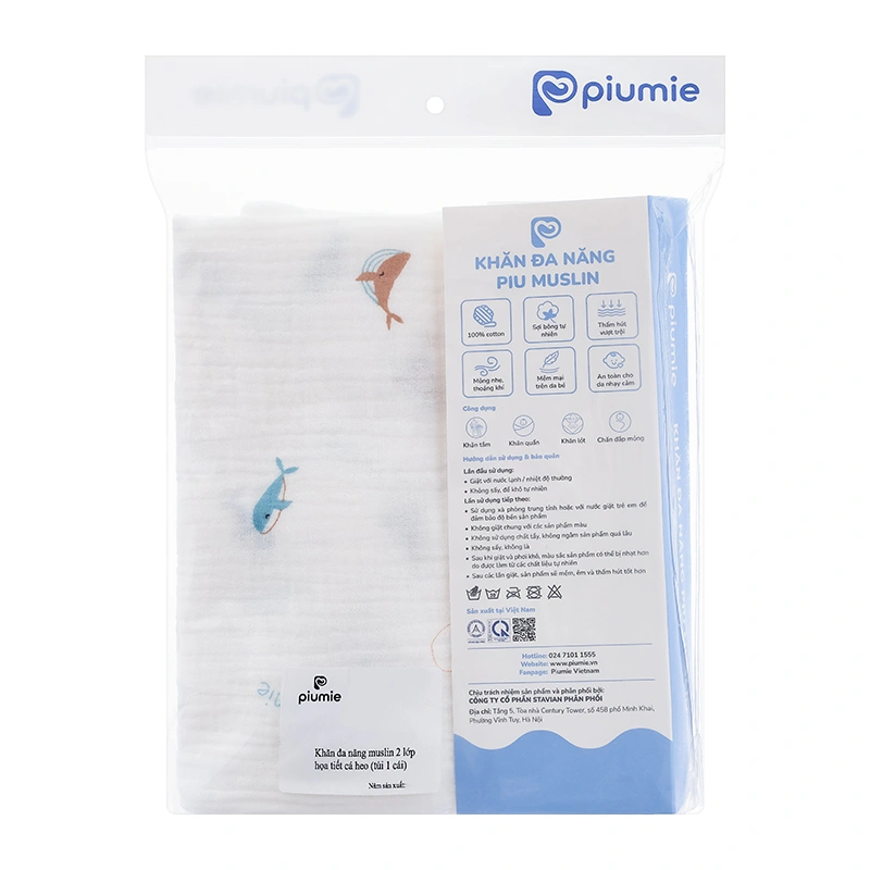 Khăn tắm muslin Piumie 2 lớp 100x100 cm - Cá heo 9