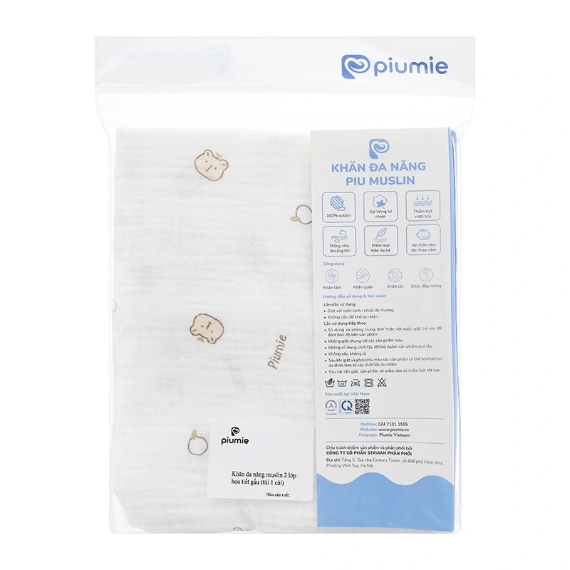 Khăn tắm muslin Piumie 2 lớp 100x100 cm - Cá heo 20