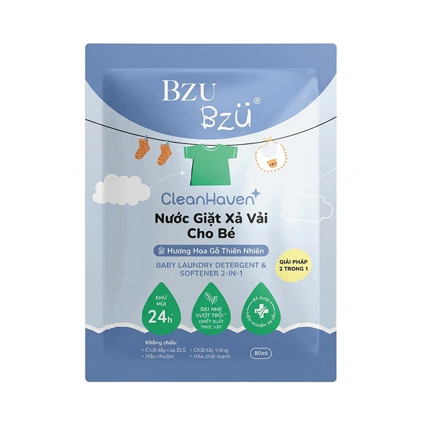 NƯỚC GIẶT XẢ VẢI CHO BÉ 2 TRONG 1 BZU BZU CLEANHAVEN GÓI 80ML - KM