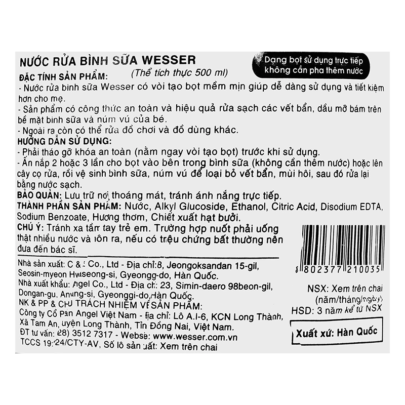 Nước rửa bình sữa Wesser chai 500 ml hương bưởi - Giao bao bì ngẫu nhiên 7