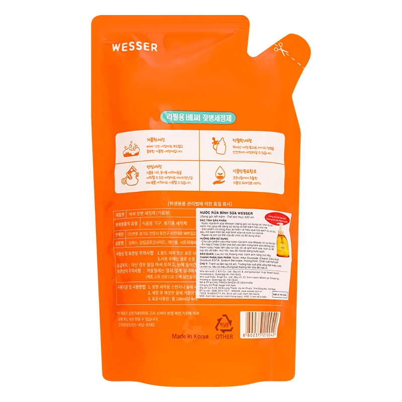 Nước rửa bình sữa Wesser chai 500 ml hương bưởi - Giao bao bì ngẫu nhiên 10