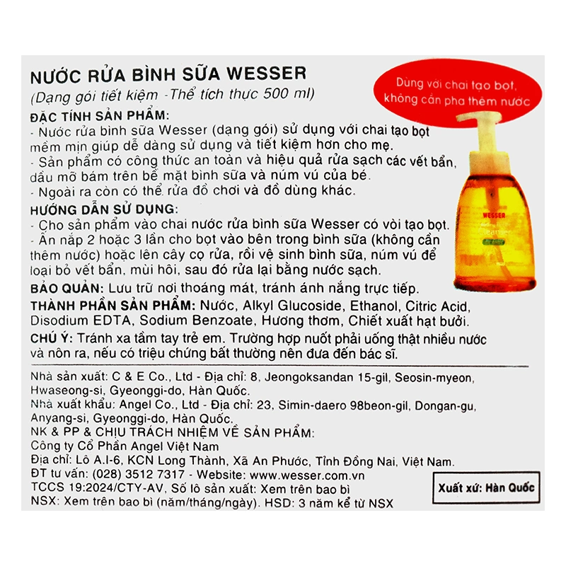 Nước rửa bình sữa Wesser chai 500 ml hương bưởi - Giao bao bì ngẫu nhiên 13