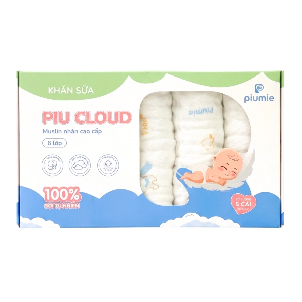 Set 5 khăn sữa muslin nhăn Piumie gấu xanh