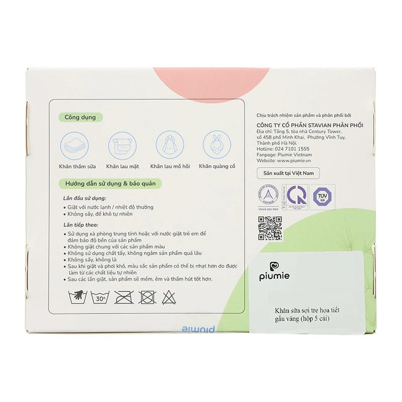 Set 5 khăn sữa sợi tre Piumie 2 lớp 30x30 cm - Gấu vàng 8