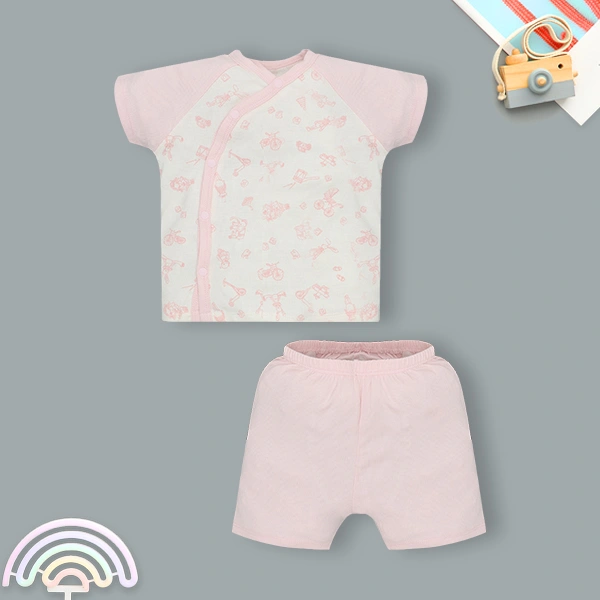 Bộ tay ngắn bé gái Lullaby sợi tre trắng in hồng