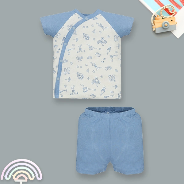 Bộ tay ngắn bé trai Lullaby sợi tre trắng in xanh