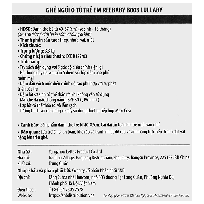 Ghế ngồi ô tô trẻ em Reebaby B003 Lullaby (0 - 18 tháng) 18