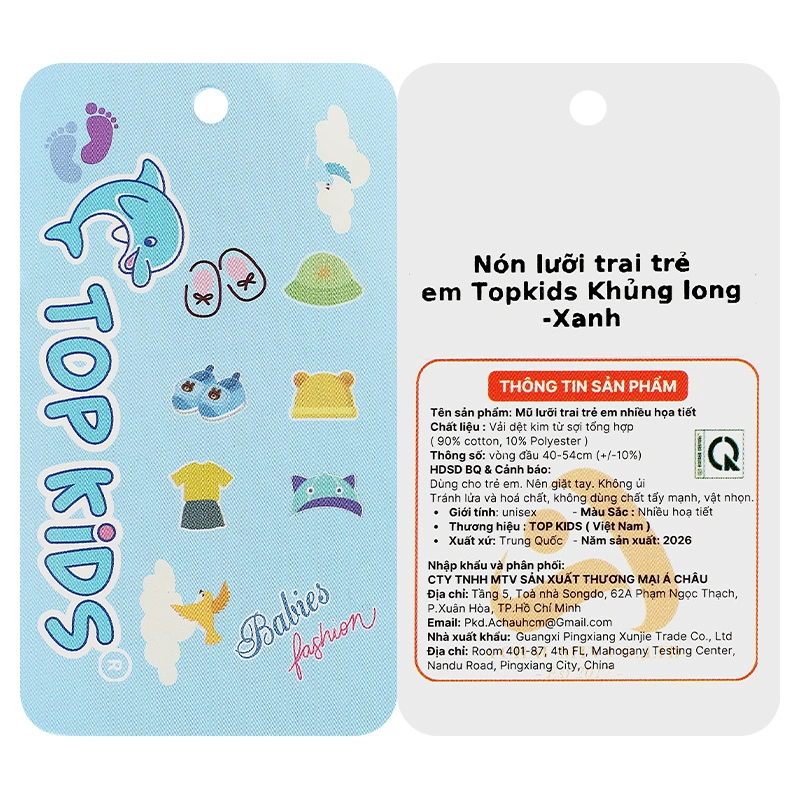 Nón kết cho bé TOP KIDS khủng long màu xanh dương 9