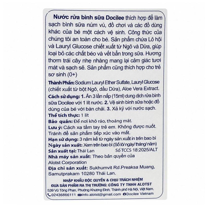 Nước rửa bình sữa Docilee chai 500 ml hương nha đam 9