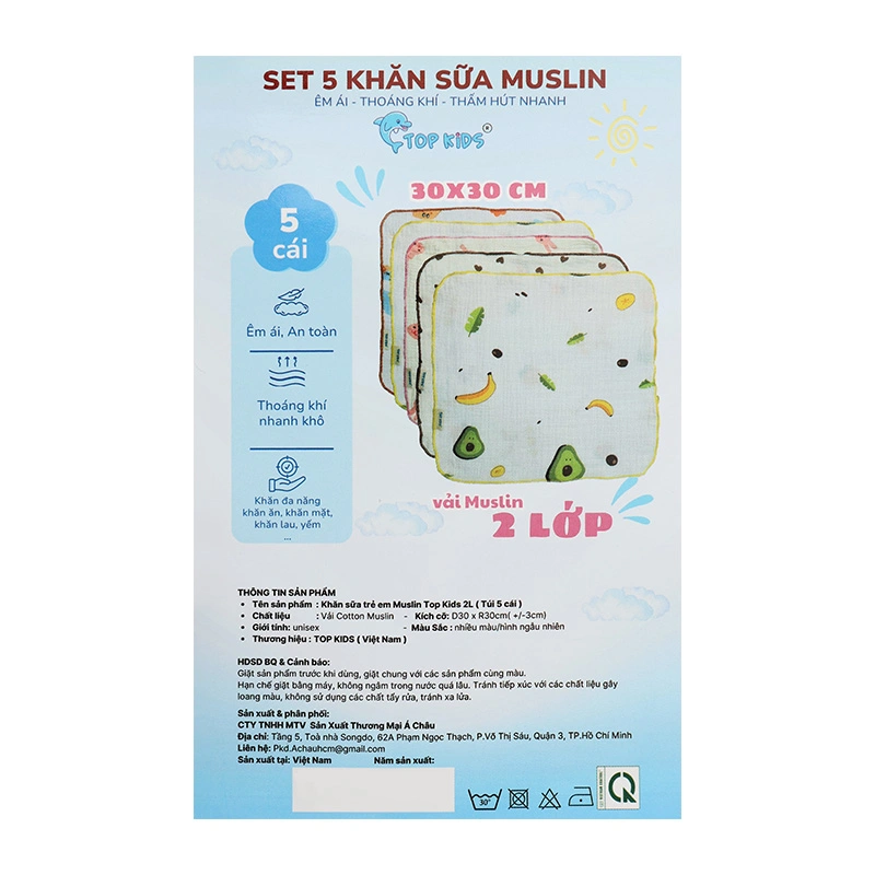 Set 5 cái khăn sữa cotton TOP KIDS 2 lớp 30x30 cm - Màu ngẫu nhiên 21