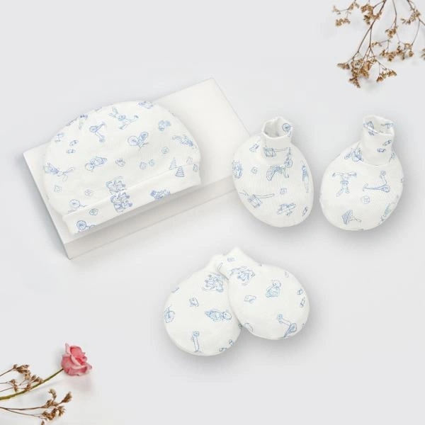 Set nón, bao tay bao chân Lullaby bamboo trắng in xanh