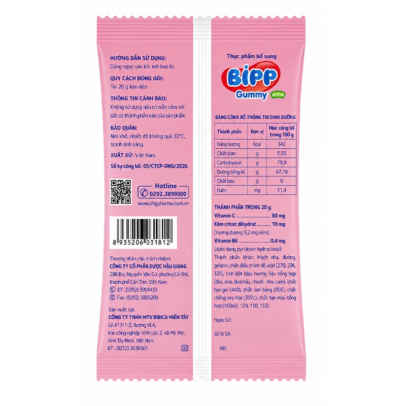 Kẹo dẻo Bipp Gummy Active bổ sung vitamon C, kẽm và B6 tăng cường sức đề kháng hương trái cây, 20g dạng gói 3
