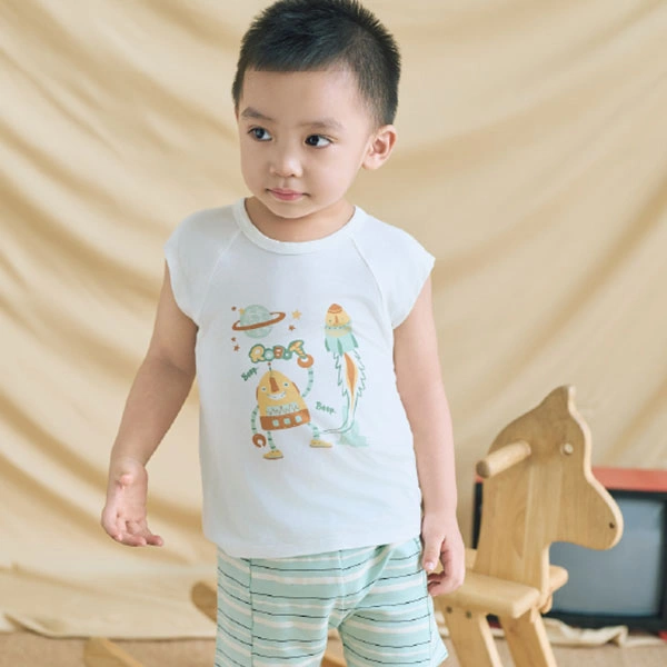 Bộ sát nách bé trai bamboo Lullaby NH721C trắng - xanh mint