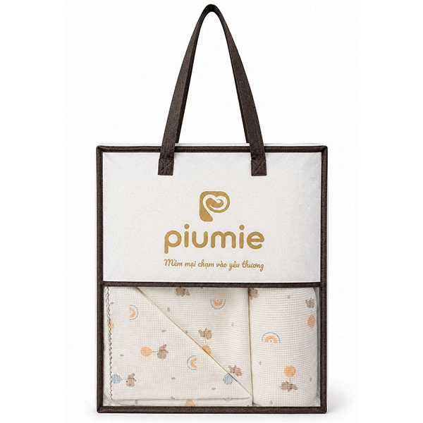 Combo bộ chăn gối waffle cotton Piumie - Gấu
