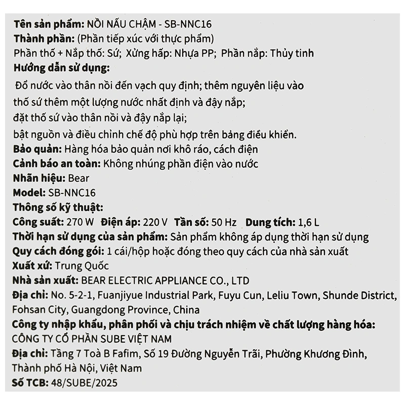 Nồi nấu chậm Bear 1.6 lít SB-NNC16 10