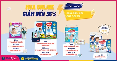 (21/03 - 26/03)Tã mua online giảm đến 35% cùng nhiều món quà hấp dẫn. Deal siêu hời, quà siêu to, mua ngay kẻo hết!