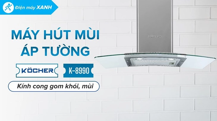 Máy hút mùi kính cong Kocher K-8990 với công suất hút 1300 m³/h, loại bỏ khói, mùi nhanh chóng