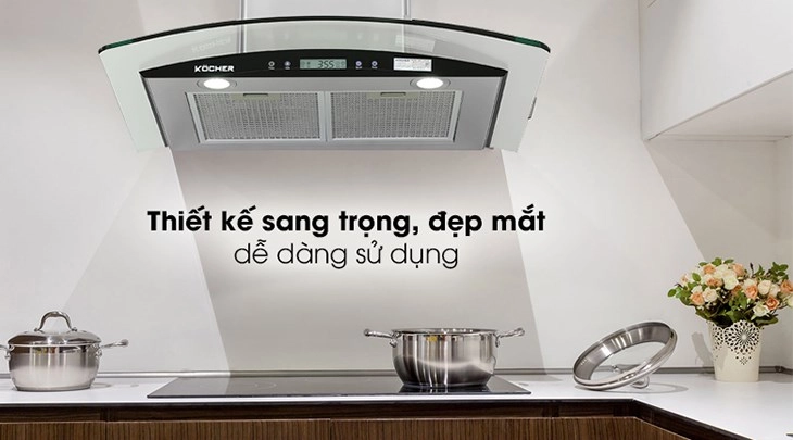 Máy hút mùi kính cong Kocher K-228S có kiểu dáng áp tường, thiết kế sang trọng từ mọi góc nhìn với kính vòm