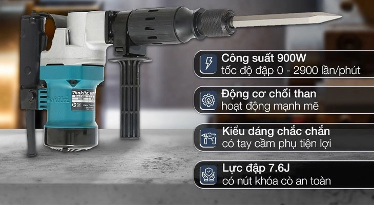 Máy đục bê tông Makita sử dụng động cơ chổi than lõi đồng, cho hiệu suất hoạt động mạnh mẽ