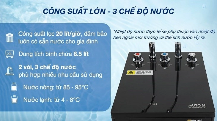Máy lọc nước RO nóng lạnh Mutosi MP-6100HCE 10 lõi sở hữu 3 chế độ nước với công suất lớn