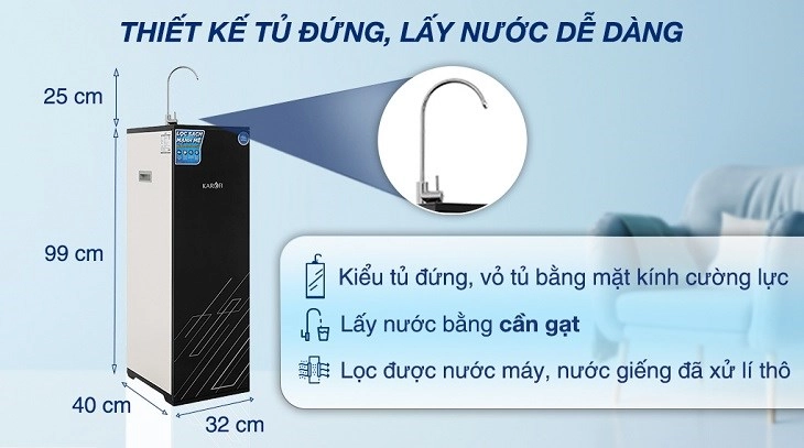 Máy lọc nước RO Karofi KAQ-X26 10 lõi sở hữu thiết kế tủ đứng, lấy nước dễ dàng