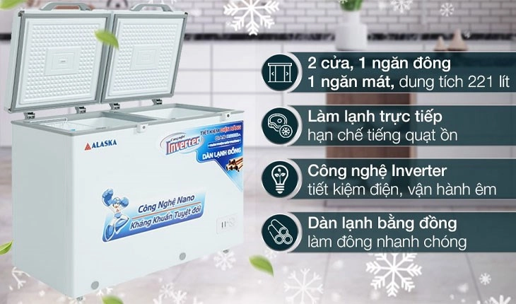 Tủ đông Alaska Inverter 221 lít BCD 3568CI có thiết kế hiện đại đi kèm nhiều tiện ích, giúp người dùng thuận lợi trong quá trình sử dụng Tủ mát, tủ đông Alaska là sản phẩm được nhiều người dùng ưa chuộng